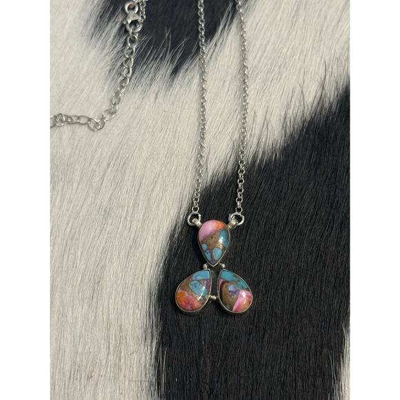 Native American Southwest Sterling Silver 3 Stone Purple Ice Dahlia Bar Necklace - Picture 2 of 11